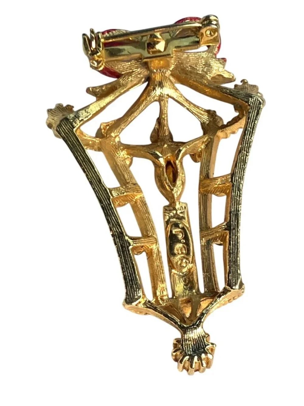 Gold-Tone Christmas Candle Lantern Brooch Pin Signed B.J. Vintage